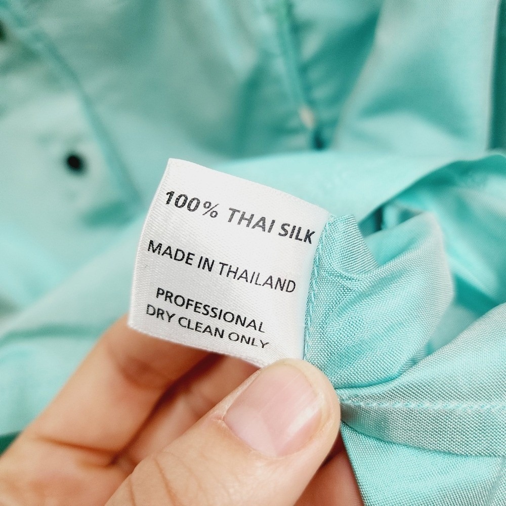 Marisa Baratelli Aqua Blue 100% Thai Silk Button Up Blouse Top Size 10 - Picture 8 of 8